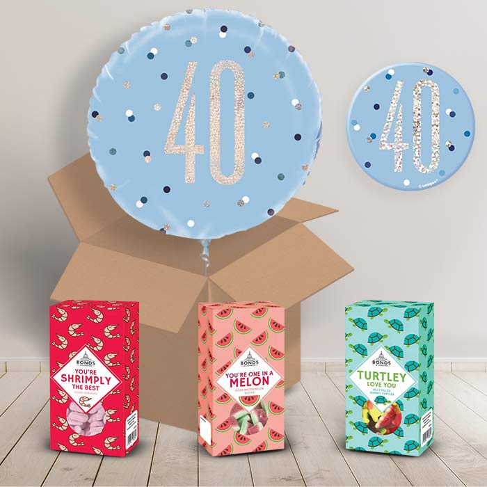 40th Birthday Sweet Box and Inflated Helium Balloon Gift Package in Blue image 2